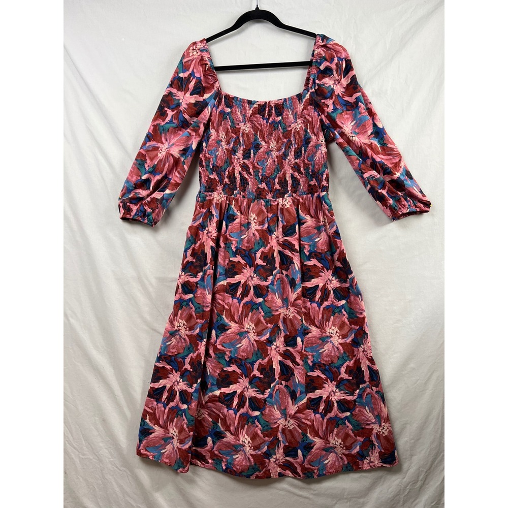 Time and Tru Midi Dress Womens XL Pink Floral Smocked Square Neck Long Sleeve
